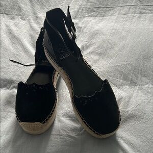 Vince Camuto Black Scalloped Espadrille Wedge Sandals with Ankle Tie